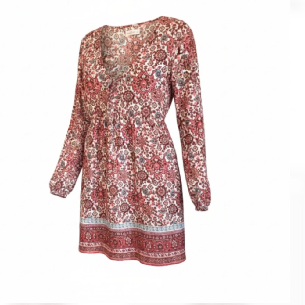 Abercrombie & Fitch Dress Juniors Sz S Border Print V-Neck Long Sleeve EUC